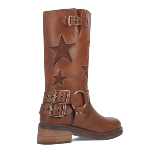 Image of Goolita Women's Buckle Biker Knee High Boots Square Toe Chunky Heel Star Moto Mid Calf Boots Slip On Motorcycle Riding Boot