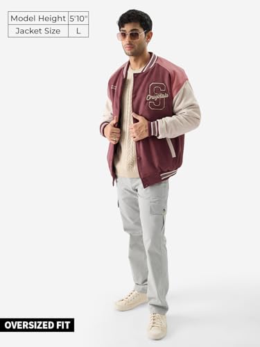 Image of The Souled Store Pink Men and Boys Long Sleeve Button Front Oversized Fit Printed Varsity Jackets