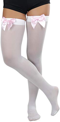 Image of ToBeInStyle Women's Opaque Long Thigh High Stockings w /Decorative Front Satin Bow