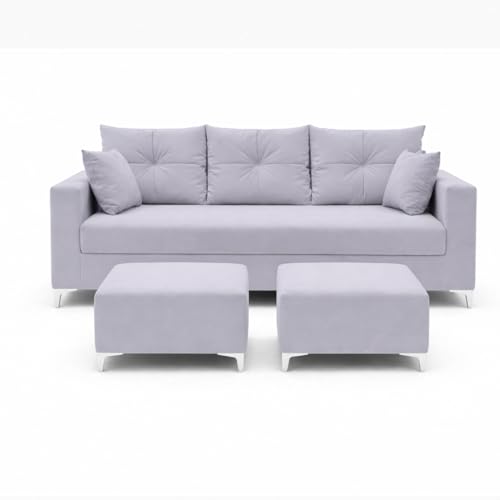 Image of Zora 5 Seater L Shape Sofa Set with 2 Movable Ottomans | Flexible Layout | Rich Velvet Suede Fabric | Silver Legs | Spacious Seating | Modern Sofa for Living Room (Light Grey)