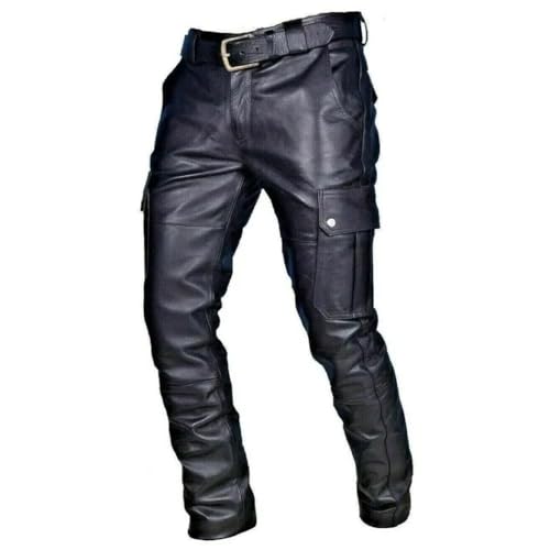 Men's PU Leather Motorcycle Pants with Cargo Pockets Elastic Waist Trousers2