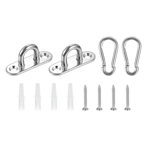 uxcell 2 Pcs Pad Eye Plate, 1.8 Inch 304 Stainless Steel Ceiling Hooks & Snap Hook Marine Hanging U Hook with Screws & Anchors for Securing Hanging, Silver