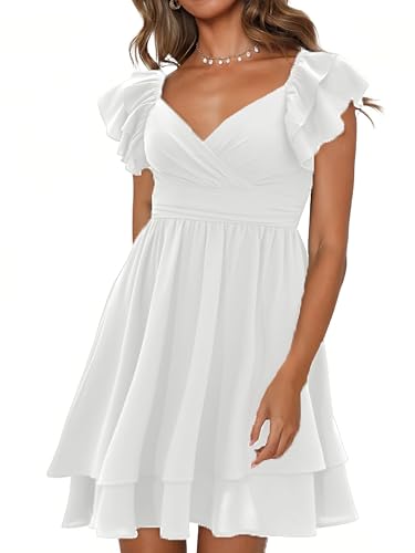 Women's Summer Dress Casual Wrap V Neck Flutter Sleeve Double Layer Ruffle Wedding Guest Short Mini Dresses