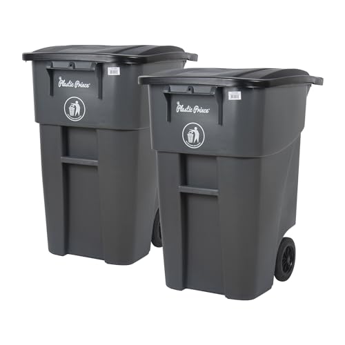 PLASTIC PRINCE 50 Gallon Rollout Trash Can with Lid, Commercial Heavy-Duty Container with Wheels, Gray, 2 Cans