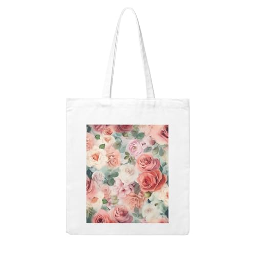 Soft Color Pale Faded Mix Of Roses Large Canvas Tote Bag Cute Travel Shoulder Bag Reusable Washable Shopping Grocery Bags For Women Men