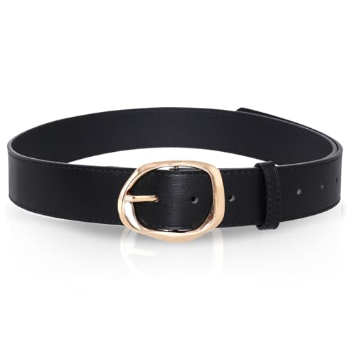 hoyuwak Women's PU Leather Belt with Gold Buckle - 1.5inches Wide, 40.5inches Long - Stylish Black Belt for Women, Jeans, Pants, Dresses & Coats | Fashion Belts for Women