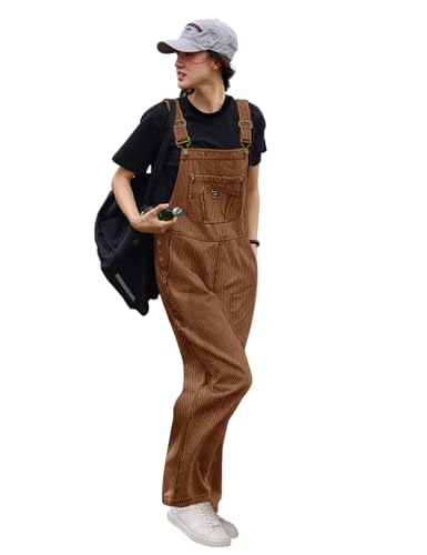 YESNO Women Corduroy Overalls Casual Adjustable Straps Bib Jumpsuits Fall Outfits with Side Buttons Closure and Pockets L PCD Brown