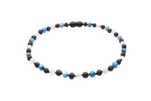 Genuine Amber Necklace From Baltic Sea Made With Unpolished Cherry Apatite & Moonstone 34 cm (13.4 Inches)
