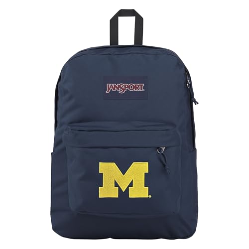Image of JanSport NCAA Officially Licensed Backpack, Michigan Wolverines, Superbreak Plus with Padded 15'' Laptop Sleeve, Spacious Computer Bag for Men & Women, Durable Daypack with Bottle Pocket, Navy