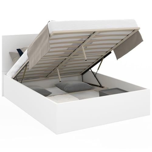 IDMarket - Lit Coffre Double Seaside avec tête de lit et sommier 140 x 190 cm Blanc