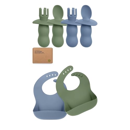 Image of Keababies 4-Pack Silicone Baby Spoons and Forks Set and 2-Pack Baby Silicone Bibs - Baby Spoon Self Feeding, BLW Baby Utensils - Waterproof, Easy Wipe Silicone Bib for Babies, Toddlers