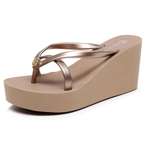 EGEBS Women's Thong Wedge Platform Slides Sandals Fashion Comfort Open Round Toe Slip On Anti-Slip Chunky Heel Flip Flops Summer Pool Party Beach Walking Sandals (Gold,5)
