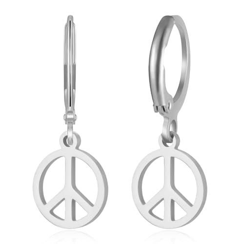 Peace Sign Earrings for Women Stainless Steel Peace Symbol Dangle Earrings 60s 70s Hippie Necklace Earrings Jewelry Set for Women Men (silver hoop earrings)