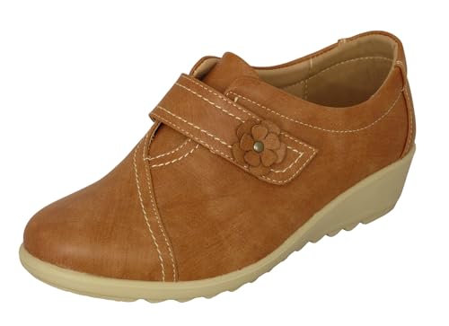 Image of Cushion Walk EEE Extra-Wide Fit Women's Lightweight Slip-On Flat Shoes - Faux Leather Touch Fastening - Casual or Work Flats in Black, Blue, Beige & Tan, Padded Insole