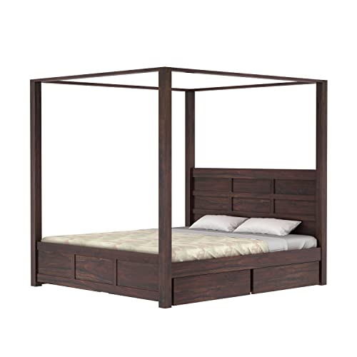 Image of Solid Sheesham Wood Queen Size Poster Bed 4 Drawer Storage for Bed Room Living Room Home Wooden Double Bed Palang Solid Wood Bedroom Furniture for Hotel (Walnut1 Finish)