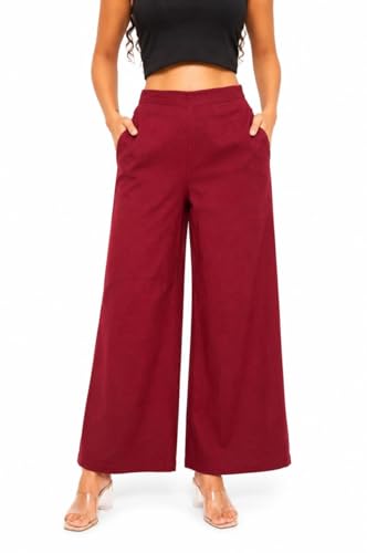 Image of Women Airy Linen Wide Leg Pants | High Waist Casual Summer Trousers | Lightweight Breathable Palazzo Pants BPWLCB01 PRT