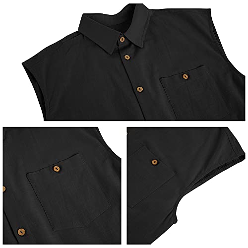 Fommykin Men's Linen Sleeveless Shirts Button Down Beach Tank Top Basic Solid Shirt Vest With Pocket Black #TOP4