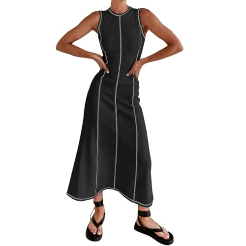 Women's Summer Sleeveless T Shirt Dress Contrast Stitch Ribbed Knit Tank Maxi Dresses Casual Beach Long Midi Dress