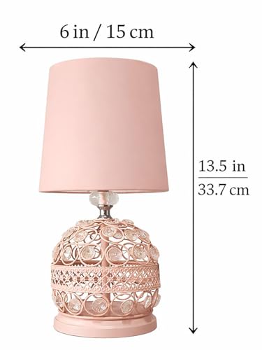 Image of Modern Crystal Table Lamp with White Fabric Shade | Small Contemporary Bedside Nightstand Lamp | Pink Base | Minimalist Desk Globe Light
