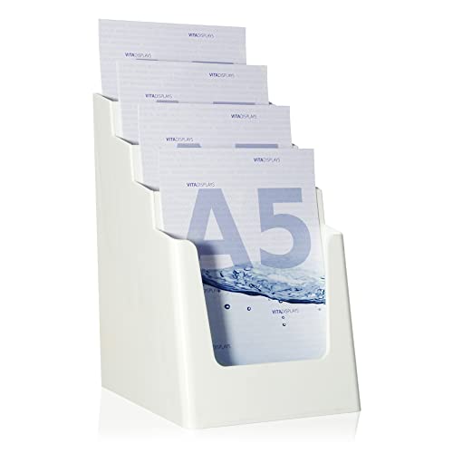 DIN A5 Tischprospektständer mit vier Etagen, Flyerständer, weisser Flyerhalter, standfester Prospekthalter, Prospektständer, Tisch-Prospektständer für A5 Flyer, Prospekte, optionale Wandmontage