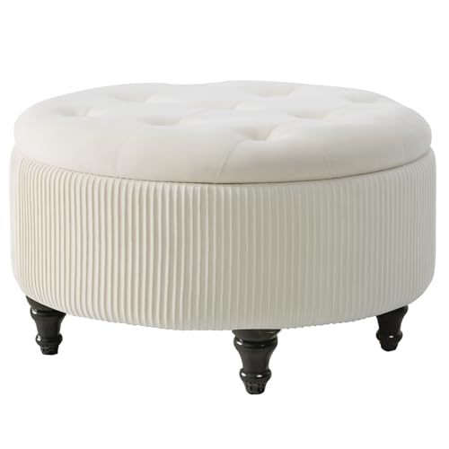 2BYF 4-in-1 24Inch Round Storage Ottoman, Modern Tufted Fabric Circle Storage Coffee Table with Removable Lid, Upholstered Storage Ottoman with Tray for Living Room (Off White)