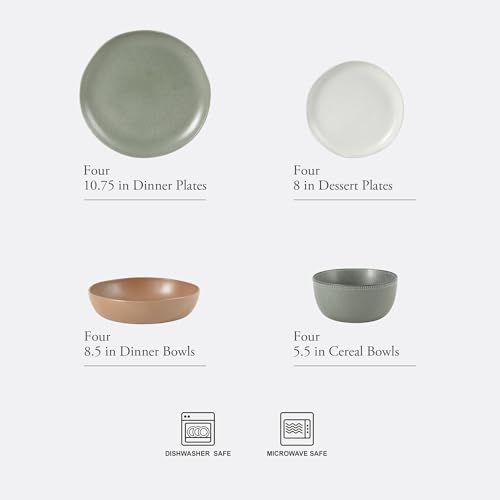 Gibson Elite Menlo Park 16-Piece Pottery Clay Stoneware Dinnerware Set – Assorted Color Reactive Glaze, Organic Shape Embossed Plates and Bowls W/Pasta Bowl, Service for 4 Microwave Dishwasher Safe by Gibson Elite - Image 2