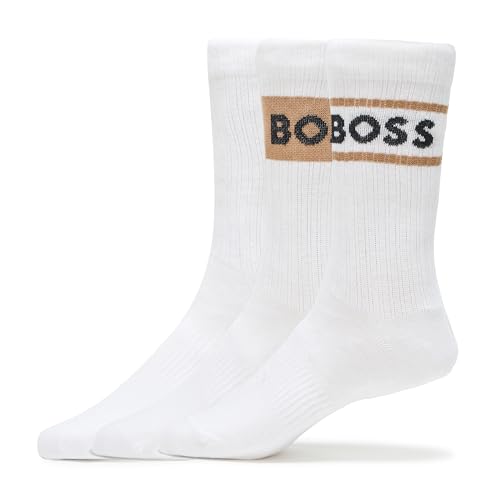 BOSS 3 Pack Iconic Logo Ribbed Socks Gfit Set, white oak, 7-13