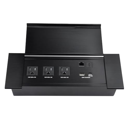Caja de conectividad de cepillo para polvo para mesa de conferencias con 3 tomas de corriente + 1 cargador USB-A y tipo C +1 CAT6+ 1 datos HDMI/USB-C (negro) (Flip up2)