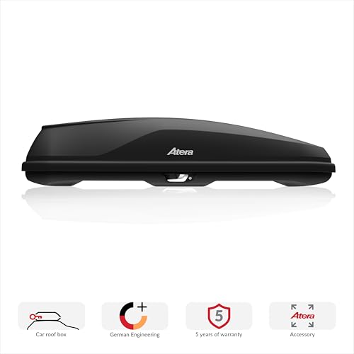 montiert auf Auto-Dachträger für Skiurlaub. - Detailansicht von Atera Casar L Dachbox 75kg Schwarz Deal – Dealfoxx.de