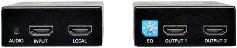 Close-up view of the Tripp Lite HDMI Extender Transmitter and Receiver units, showing HDMI input/output ports and Cat5/Cat6 connections.