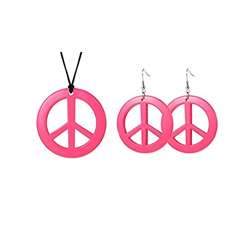 Caiyao Peace Sign Pendant Necklace & Earrings Jewelry Set - Love Peace Symbol Multicolor for Women - Pink