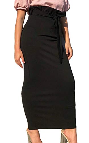 Artfish Women's Bodycon Fitted Midi Length Skirts Paper-Bag Tie Waist Black,S