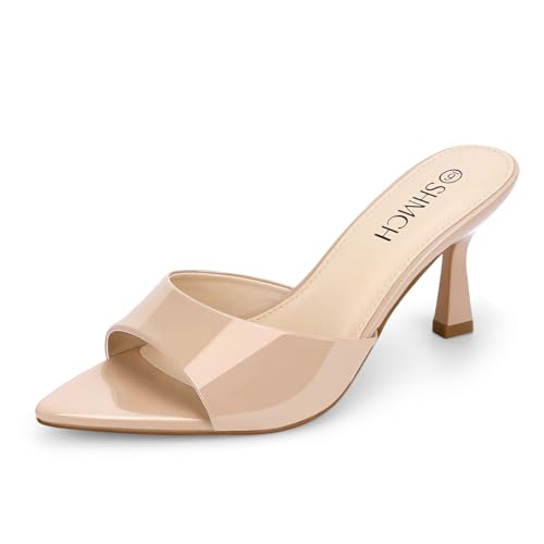 SHMCH Womens Pointed Toe Mule Sandal Heels Slip On Open Toe Kitten Heels for Women Heeled Sandals Mules for Dress Casual Outfits