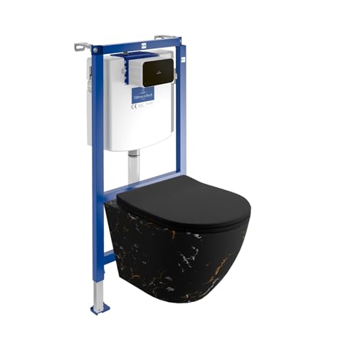 Lavita ViConnect H112 Vorwandelement Unterputz WC mit Bedienplatte + Wand Hänge Tiefspül WC Sofi Slim Fire Schwarz Spülrandlos + WC Sitz Komplettset Unterputz Spülkasten Toilette Komplett Sett WC