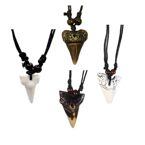 PYNASA 4 Pcs Set Shark Tooth Charm Necklace for Men Women BOHO Shark Teeth Pendant Necklace For Beach Surfer Adjustable Leather Cord Resin Beaded Shark Tooth Jewelry Necklace