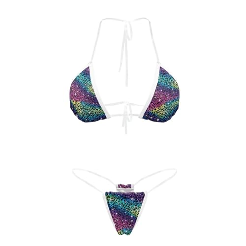 NRBEAWD Women Two Piece Swimsuit Athletic Bathing Suits Colorful Leopard Bikini Sets Transparent String Triangle High Cut Thong Swimsuits for Vacation Summer