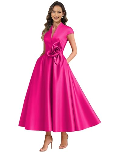 Tea Length Satin Mother of Bride Dresses for Wedding Short Sleeve A Line V Neck Formal Evening Gowns 2025 Luo632