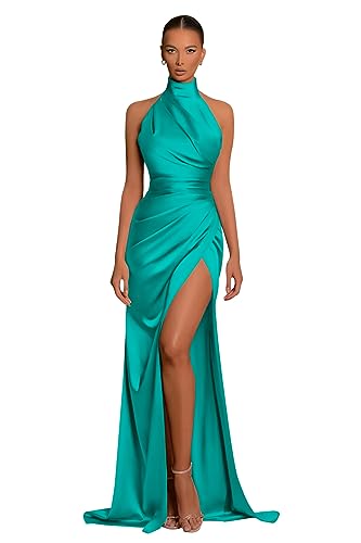 Halter Bridesmaid Dresses Long with Slit Satin Mermaid Prom Dresses for Women Formal Gown Evening Dress