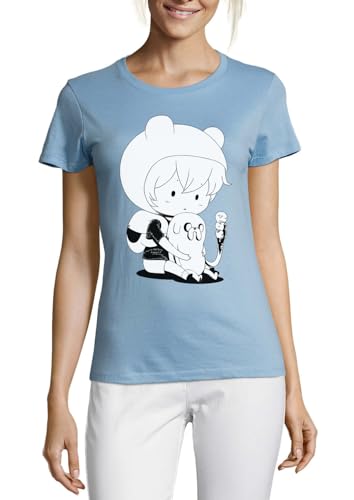 T-shirt femme bleu clair en coton avec col rond style anime