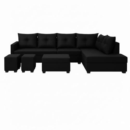 Image of SOCOZI Oriana 8 Seater RHS L Shape Sofa Set | Velvet Suede Fabric L Shape Sofa for Livingroom with 2 Ottoman & Centre Table (Black)