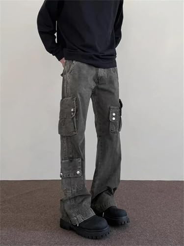 Men Pockets Jeans Stacked Denim Cotton Goth Trousers Washed Cowboy Pants2