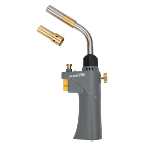 BLUEFIRE MRAS-8099 Auto Trigger Start Interchangeable Shrink Tube Heavy Duty Gas Welding Torch Head Adjustable Swirl Flame Portable Nozzle Fuel by MAPP MAP Pro Propane 1lb Tank Bottle (2 Tubes Kit)