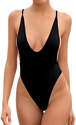 SHEKINI Women's High Cut One Piece Bathing Suit Backless Thong Brazilian Swimsuit (Black, Medium)