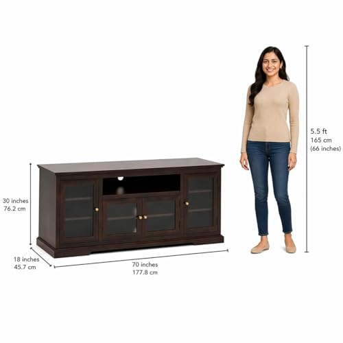 Image of Sheesham Solid Wood TV Cabinet for Living Room | Handcrafted Wooden TV Unit with Storage | Elegant Entertainment Stand for Modern Homes (Glass Tv Cabinet, Walnut)