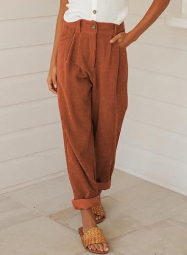 QACOHU Womens Corduroy Retro Pants 2024 2024 Casual Elastic High Waisted Loose Elastic Waist Trouser with Pockets3