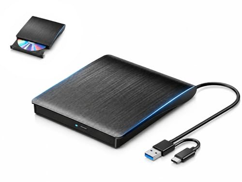 外付け CD/DVDドライブ USB3.0 Type-C・USB-A両対応 薄型 軽量 ポータブル DVDドライブ CD/DVD読込・書込対応 Windows