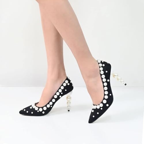 FSJ Women's Pearls Beaded High Heels Slip On Pumps Pointed Toe Pearl Embellished Suede Elegant Party Club Dress Shoes 4-15 US3