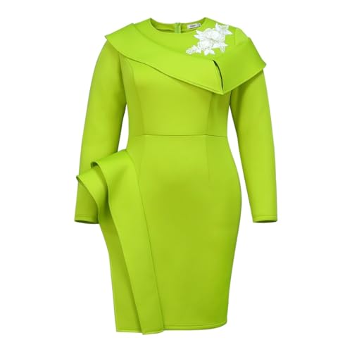 Women's Fashion Floral Applique Business Work Dress Elegant Round Neck Long Sleeve Ruffle Bodycon Midi Pencil Dress3