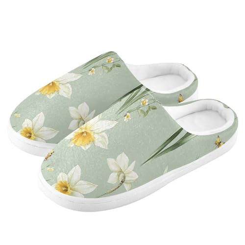 JUNZAN Cute Daffodils Sage Green Mens House Cotton Slipper Breathable Memory Foam House Shoes for Outdoor Birthday Presents 6-74