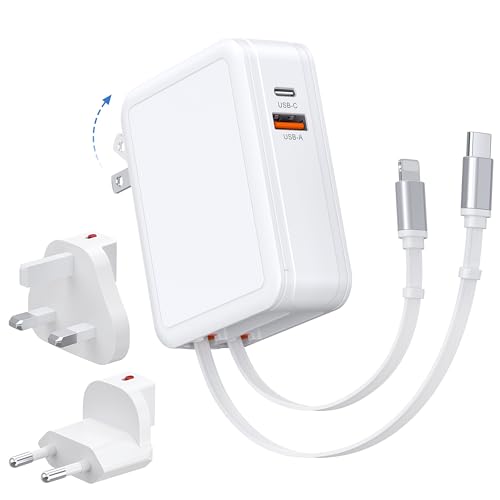 65W Wall Charger with Dual Retractable Cables 4 in 1 USB C Plug Travel Essentials Brick 2.6ft Lightening+Type C Cables Multiport Fast Charging Block for iPhone 17/16/15 iPad MacBook Pro